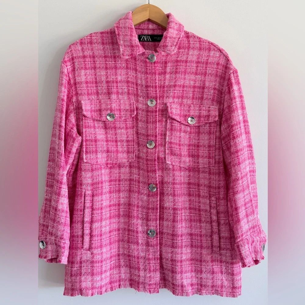Zara Women Blazer Tweed Plaid Jacket Button Front CareerWork Office Spring S-M